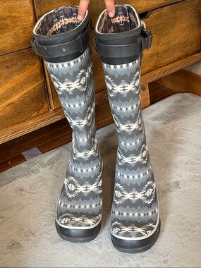 Pendleton Gray Patterned Tall Rain Boots with Buckle